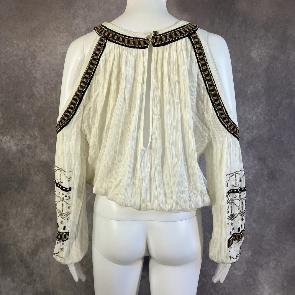 Free People Cold Shoulder Blouse Womens XS White Beaded Embroidered Boho Top